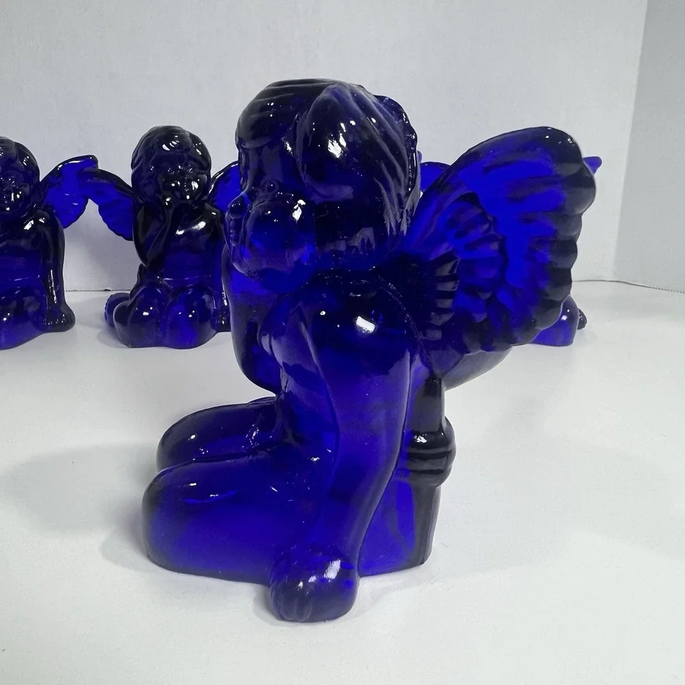 Vintage Cobalt Blue Glass Sitting Cherub Taper Candlestick Holders Set of 6